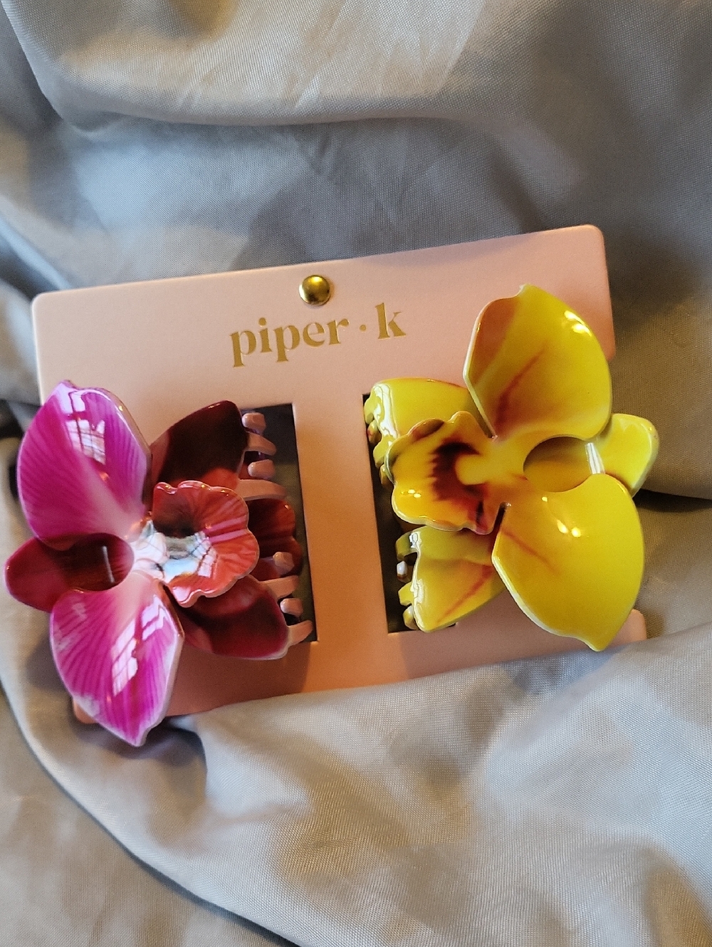 Piper K Orchid Floral Hair Claw Clip Duo - Bright Pink & Yellow TL